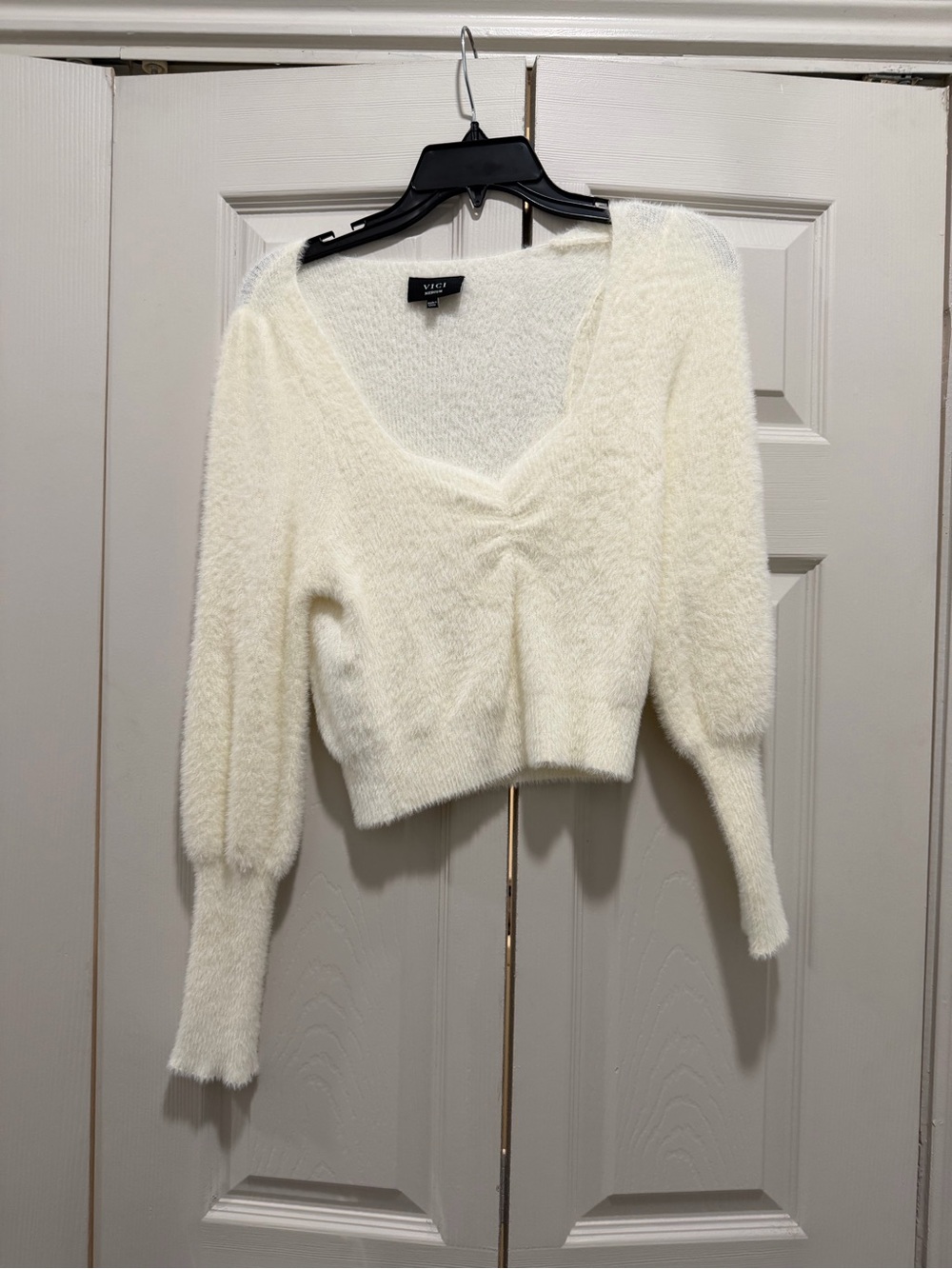 Vici Cream Fuzzy V-Neck Cropped Sweater